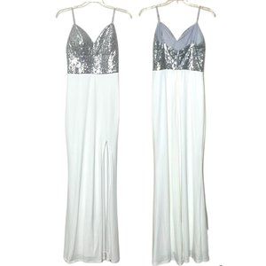 City Studio silver sequin sweetheart ivory maxi floor length gown prom dress 0